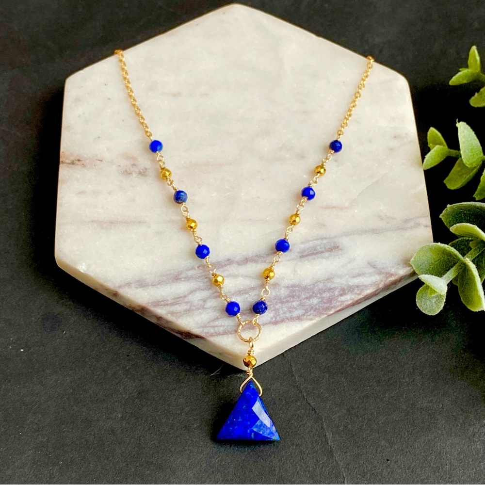Lapis Lazuli Necklace Choker Pendant 14k Gold Beaded Chain